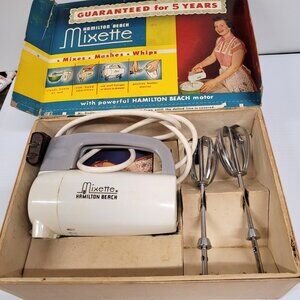 Vintage Hamilton Beach Mixette 3 Speed One Hand Mixer Original Box Recipe Book